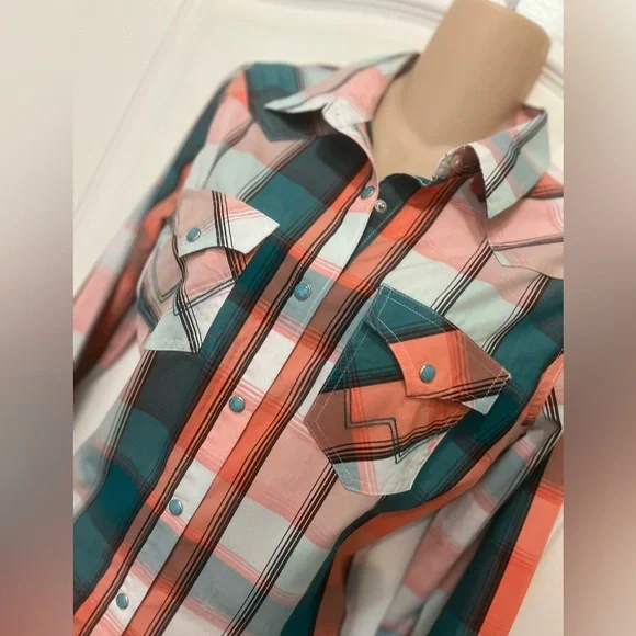 Wrangler Retro Teal and Orange Plaid Western Rodeo Turquoise Snap Shirt, Size S - Picture 2 of 10